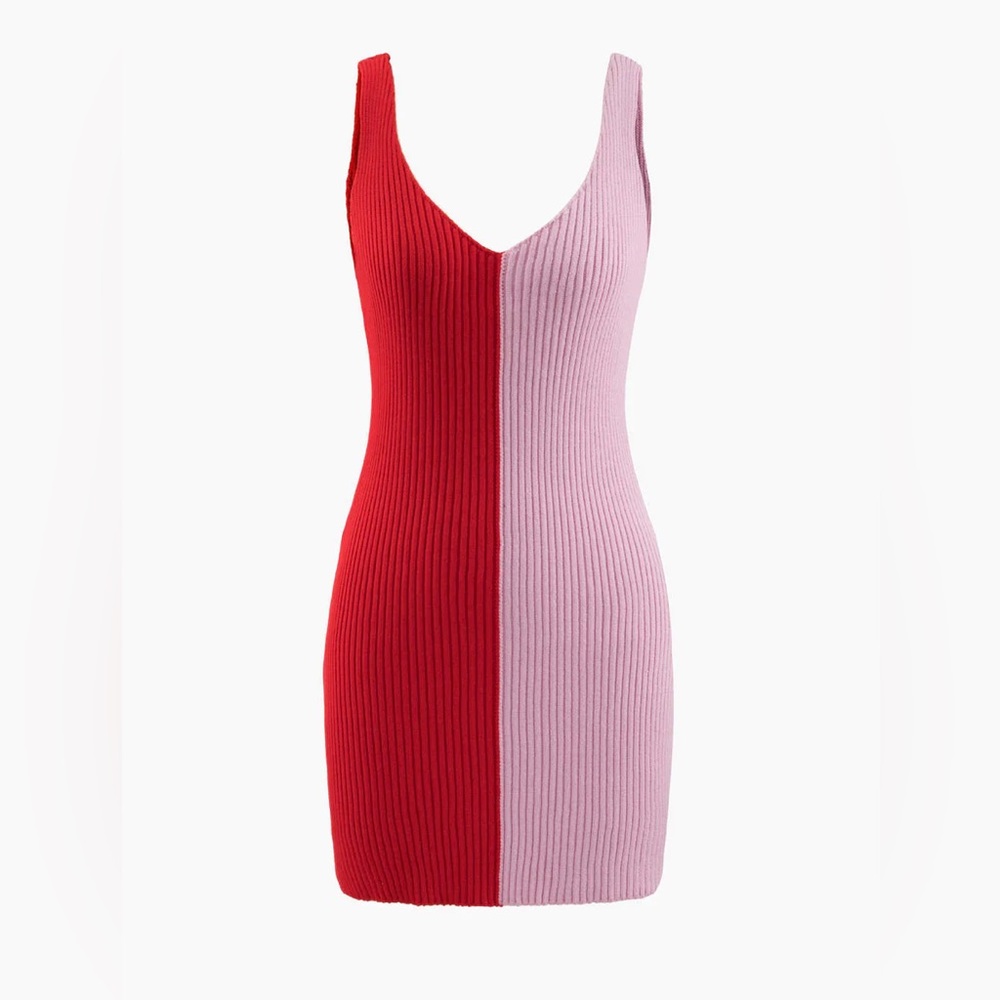 NEW Color Block V-neck Knit Mini Dress